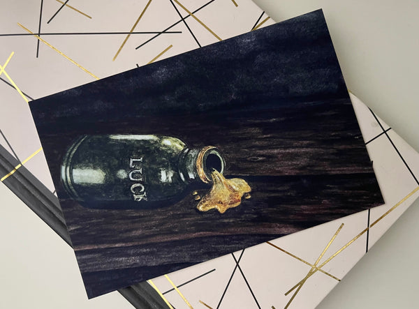 Postcard with watercolor painting of green glass jar pouring out gold liquid.