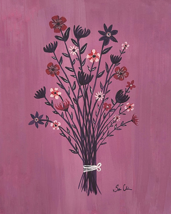 Digital scan of painting of floral bouquet with deep purple tones