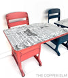 Vintage children's school desks painted in Wise Owl and decoupaged using varnish