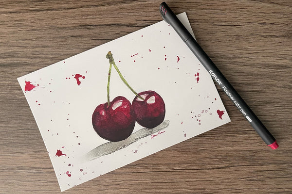 Watercolor painting of two cherries and a shadow