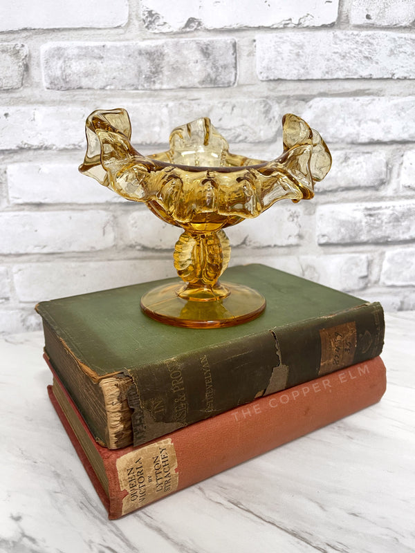 Vintage Amber Candlestick Holder w/ Beaded Panels & Crimped Edges by Fenton for L.G. Wright Glass