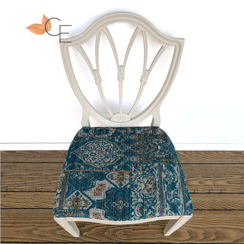 Dining chair painted in Wise Owl One Hour Enamel in the color Gray Linen, with new teal upholstery