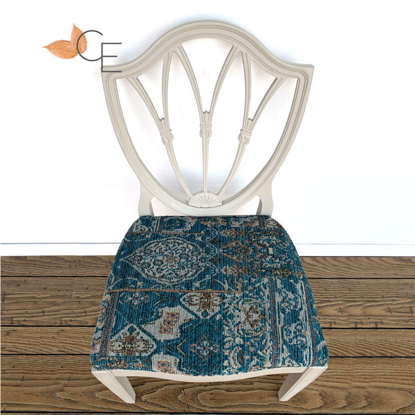 Dining chair painted in Wise Owl One Hour Enamel in the color Gray Linen, with new teal upholstery
