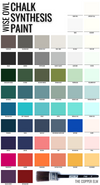 Wise Owl Chalk Synthesis Paint color chart with a wide array of colors in neutrals, soft pastels, and bold options.