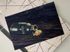 Postcard with watercolor painting of green glass jar pouring out gold liquid.