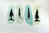 Water color and ink painting of pine trees on green background 