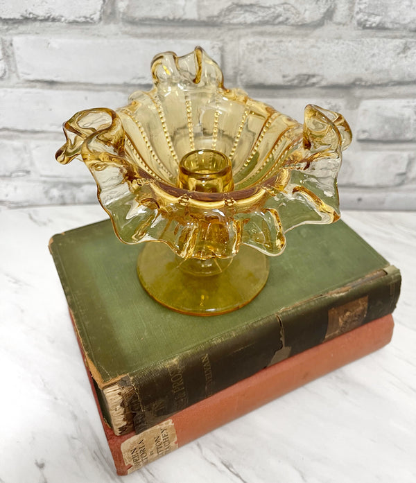 Vintage Amber Candlestick Holder w/ Beaded Panels & Crimped Edges by Fenton for L.G. Wright Glass