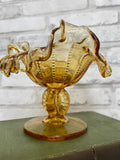 Vintage Amber Candlestick Holder w/ Beaded Panels & Crimped Edges by Fenton for L.G. Wright Glass